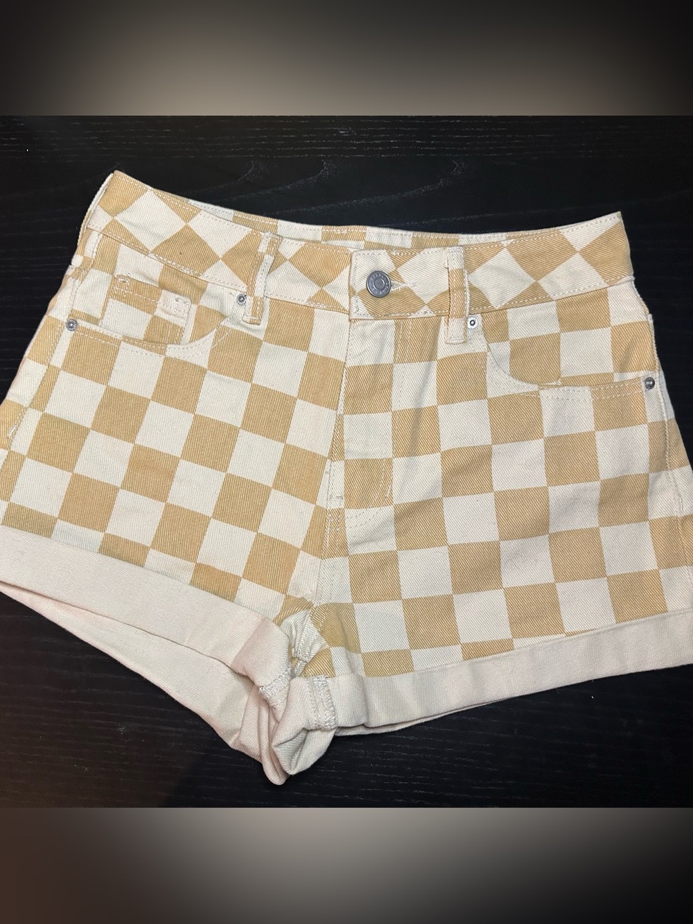 PacSun Tan & Cream Checkered Mom Shorts Denim